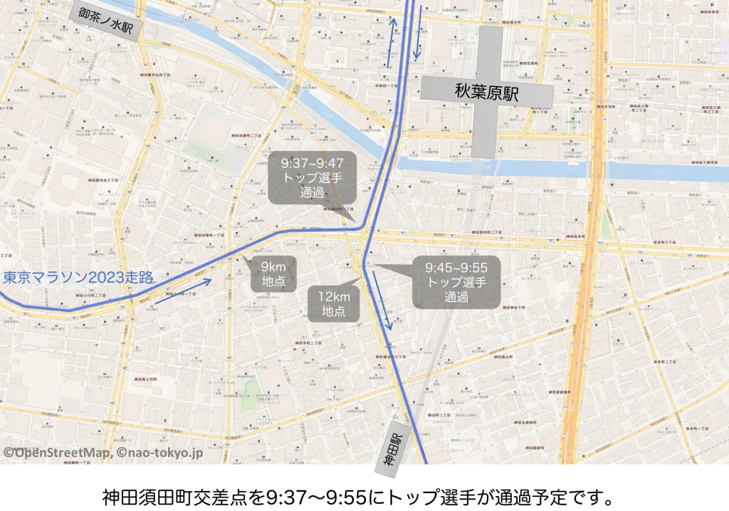 神田須田町周辺の東京マラソン2023コースマップ