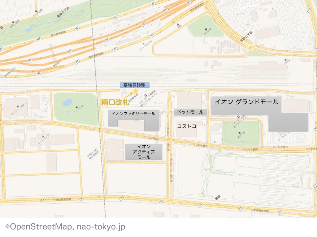 幕張豊砂駅の改札口とイオンモール幕張新都心店の位置関係マップ