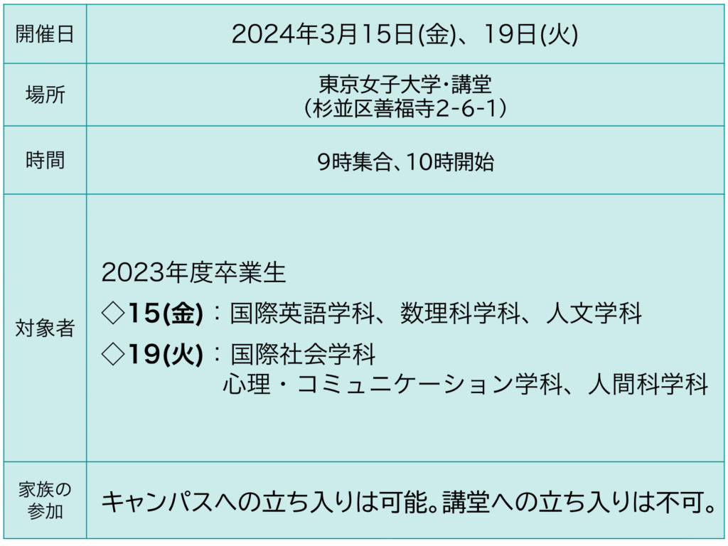 2024年3月東京女子大学卒業式の日時・場所・家族の参加可否について
