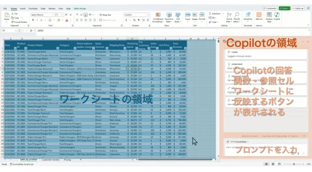 Copilot in Excelの画面の説明(プロンプト入力領域、出力が表示される領域など)