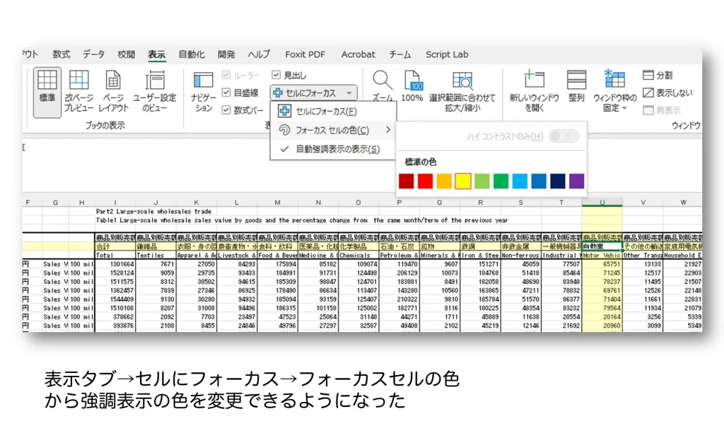 セルにフォーカスでは強調表示の色を変更できる