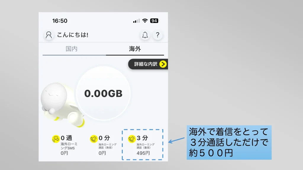 海外で着信して3分会話した後のpovoアプリ画面