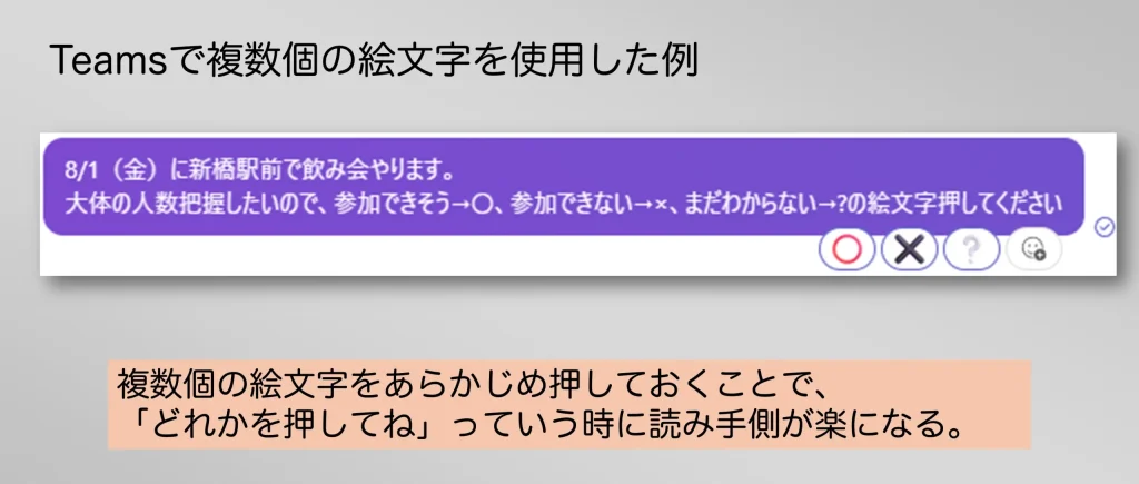 Teamsで複数個の絵文字リアクションを使ったメッセージの例